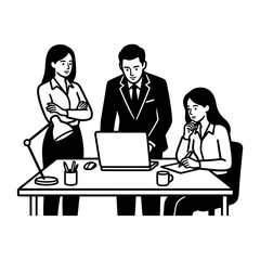 Fototapeta premium Business Team Working Together at Office Desk Professional Corporate Meeting Project Discussion and Laptop Presentation Concept Line Art Black and White Vector Illustration