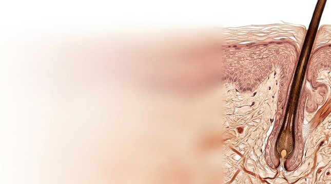 Human Skin Transverse Section: The hair follicle penetrates deeply through the distinct layers of the skin structure against the microscopic background
