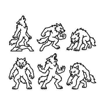 Werewolf monster halloween character line icon set, scary hairy beast.