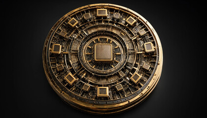 Fototapeta premium Circular golden quantum processor microchip assembly on dark background