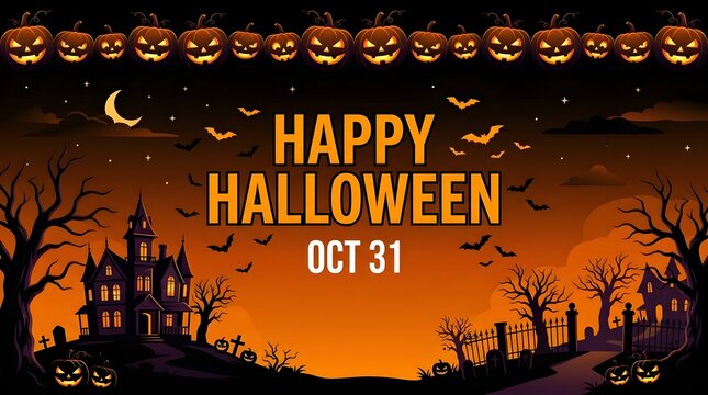 Festive halloween illustration spooky haunted house with jack o' lanterns and bats