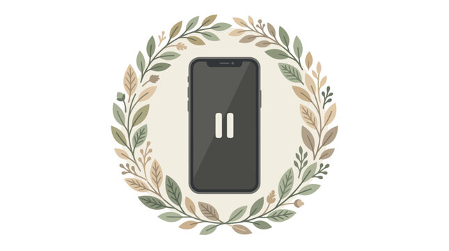 A minimalist illustration of a smartphone surrounded by a wreath of colorful leaves on a neutral background with pause button.