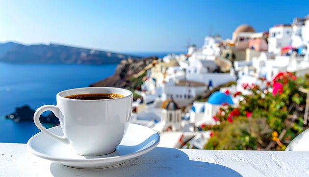 A white coffee cup sits on a saucer, overflowing with dark coffee, overlooking a seaside vista of blue waters and architecture