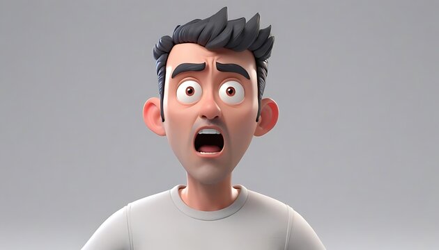 Shocked scared amazed cartoon character adult man male guy person portrait in 3d style design on light background, CREATED WITH GENERATIVE AI 