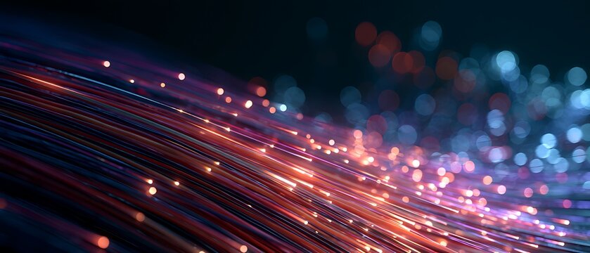 Colorful fiber optic cables connected to global digital network, luminous neon light pulses, AI communication infrastructure, dark futuristic background, high-speed internet concept