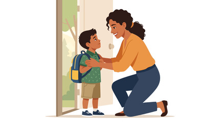 Fototapeta premium Flat vector illustration of a mother kneeling to talk to her young son wearing a backpack by an open door, representing the first day of school, morning routine, and parenting.