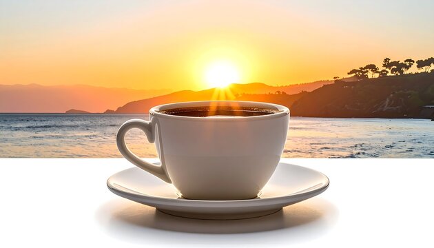 A white coffee cup sits on a saucer with a beautiful sunrise over a coastal landscape in the background