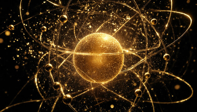Golden quantum atom particle with orbital tracks and glittering dust space abstract