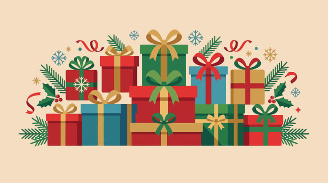 Flat vector illustration of colorful Christmas gift boxes with ribbons, pine branches, snowflakes, and holly berries on a neutral background for holiday design.