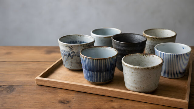 Soba Choko Ceramic Cups Arranged on a Wooden Tray