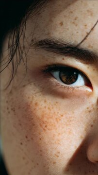 Close-up shot of a young person's face in soft lighting.