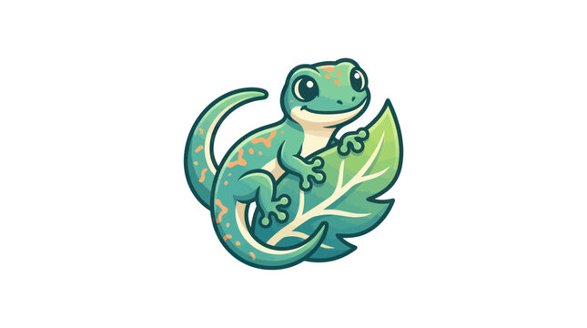 A green cartoon lizard on leaf.