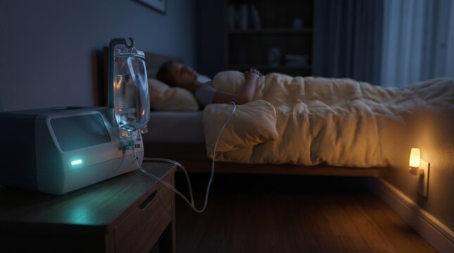 Peritoneal dialysis cycler machine working at night beside sleeping patient