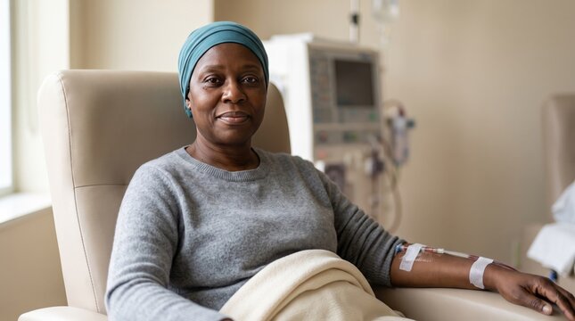 Resilient woman smiling softly during her dialysis treatment
