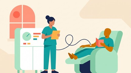 Fototapeta premium Flat illustration of dialysis patient with nurse and machine
