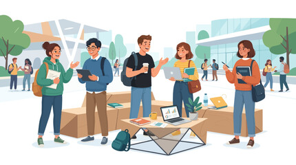Obraz premium Campus Buzz: Young students gather on a sunny day in a lively university quad, engaged in discussion, using laptops, and holding books, surrounded by modern campus architecture.