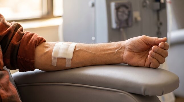 Healed arteriovenous fistula with gauze on dialysis patient's forearm