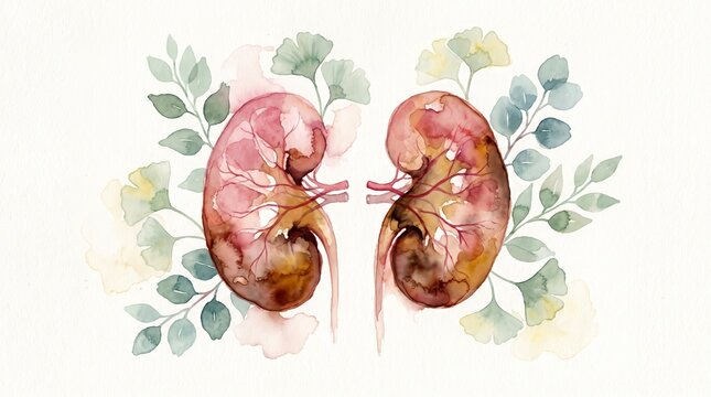Watercolour painting of human kidneys with botanical leaves