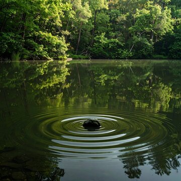 A Frog Submerged in a Calm Pond Surrounded by Lush Green Forest