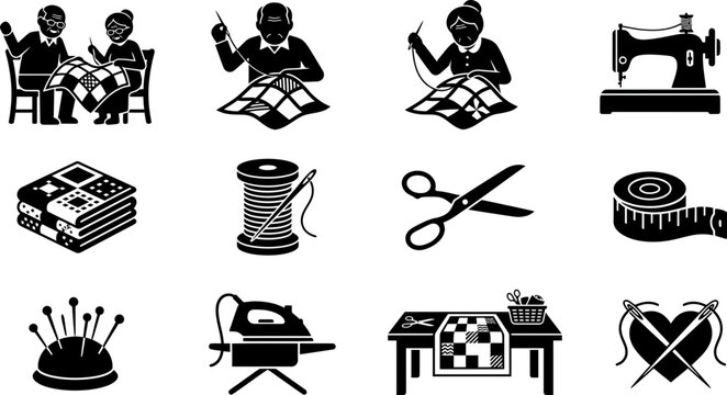 Set of black and white icons representing sewing and quilting hobbies.