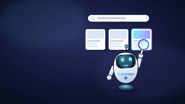 Helpful artificial intelligence robot using a magnifying glass to search and discover online information
