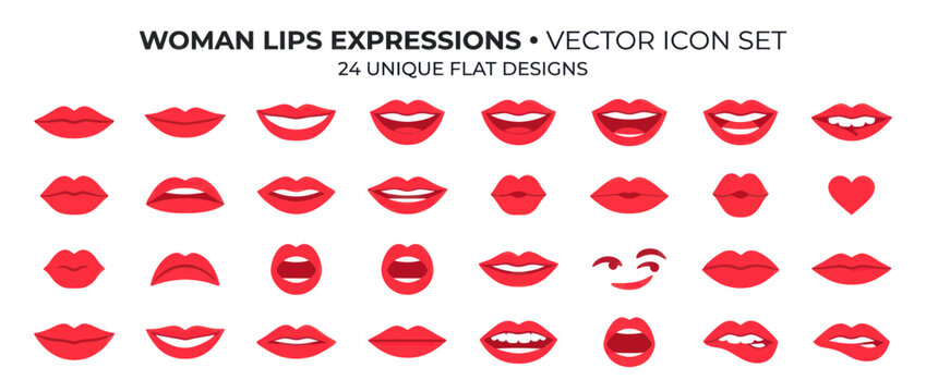 Red woman lips expressions and emotions flat icon set