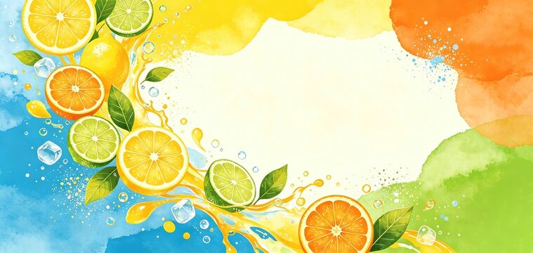 Watercolor summer citrus border illustration with lemon,  Fits fruit drink menu backdrops, summer beverage poster templates, fresh juice shop signage, citrus product packaging.