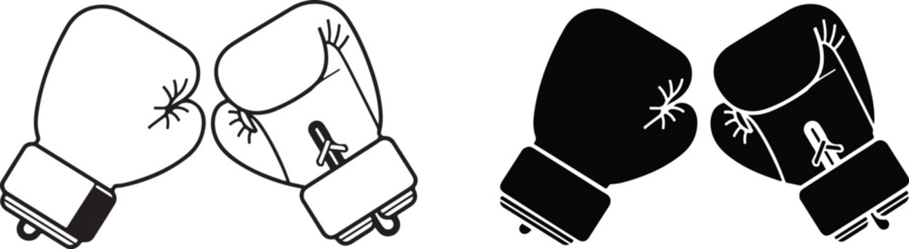Two boxing gloves one outlined and one solid black facing each other as a symbol of combat or competition
