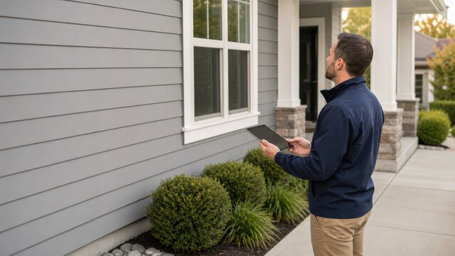 Home Energy Audit Middle Aged Slim Exterior Wall Inspection Detail