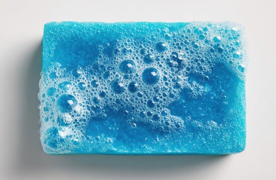 Close up of blue cleansing soap bar covered in rich soapy bubbles with cosmetic cleaning skincare moisturizing sanitary personal cleansing surfactant aesthetic wellness sanitation hygienic