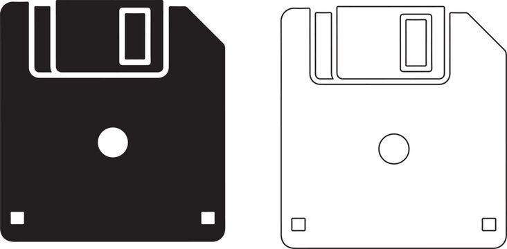 Two floppy disk icons in solid black and outline styles isolated on transparent backgrounds
