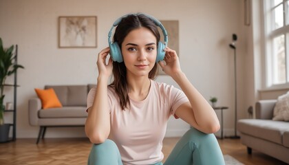 Naklejka premium Young woman listening to the music wearing headphones and gym leggings after exercising in the living room, CREATED WITH GENERATIVE AI 