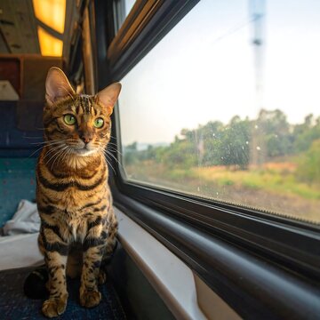 A Bengal Cat Sits on a Windowsill Looking at the Camera