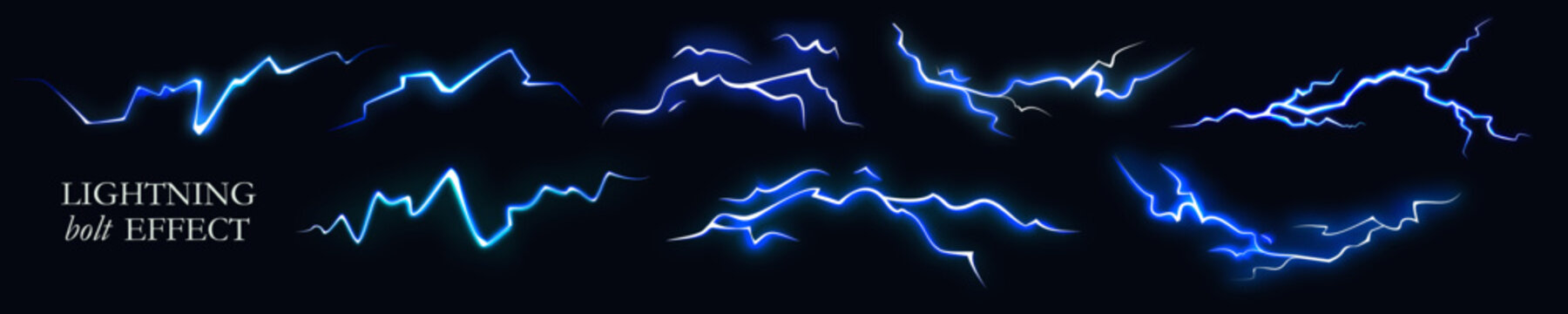 Thunder Light Effect Elements. Vector Energy Spark Bolt Power Illustration. Blue Neon Lightning Storm Set. Abstract Electric Thunderbolts on Dark Background.
