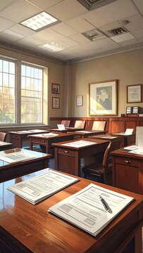 Interior of a Courtroom with Wooden Desks and Legal Documents