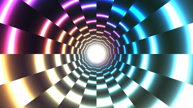 Bright tunnel of light with colorful stripes in radial pattern