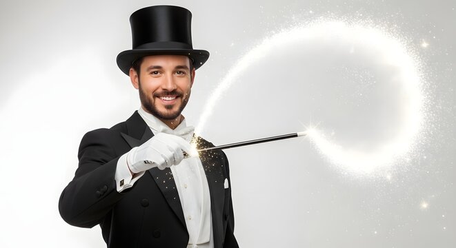 Magician in tuxedo performing magic with sparkling wand