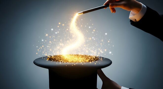 Magician wand and hat with golden magic dust