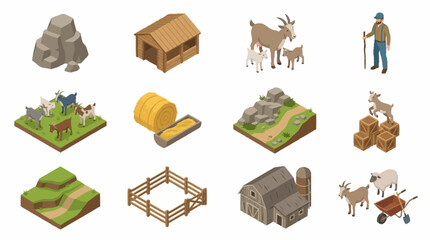Obraz premium Isometric farm scene with animals and rural buildings.
