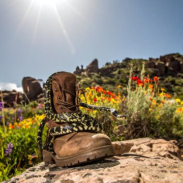 Snake Wrapped Around Boot in Flower Field Under Bright Sun with Mountains