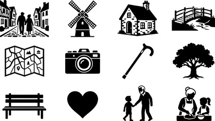 Fototapeta premium Set of black and white travel and lifestyle icons.