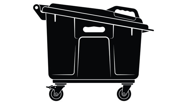 Black and white illustration of a large industrial rolling waste bin with a heavy lid designed for efficient trash collection and urban sanitation management services