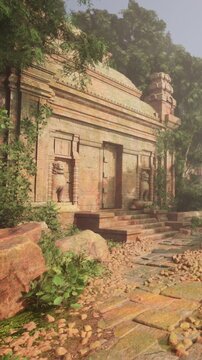 An old building made of stone with two lion statues at the entrance. A pathway leads to the door and green plants grow around the structure in the forest.