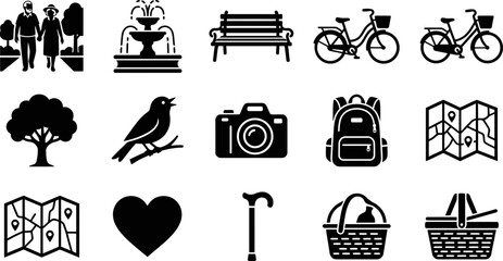 Set of travel and leisure themed icons in black silhouette style. © gunko