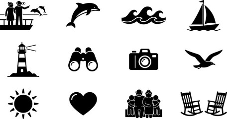 Set of travel and vacation themed black vector icons. © gunko