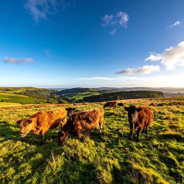 Cows Grazing in a Sunlit Pasture with Rolling Hills and Blue Sky