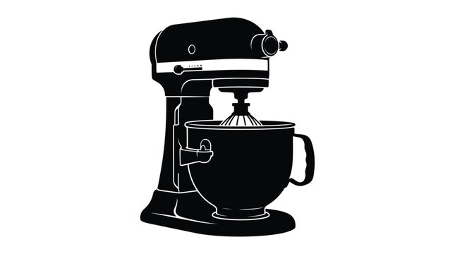 Minimalist black and white vector illustration of a professional stand mixer with a metal bowl featuring smooth clean lines and a classic modern kitchen aesthetic