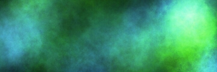Obraz premium Neon cyan and lime green smoke cloud on black. Wide glowing panoramic banner for cyberpunk, gaming, and toxic sci-fi themes. 