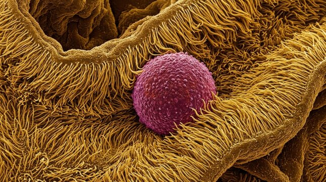 Ovum Propelled by Cilia: The vibrant pink ovum rests gently within the dense golden cilia lining of the fallopian tube