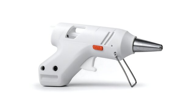 A white, cordless crafting tool with a trigger and nozzle. The device is for melting adhesive sticks, commonly used in art and hobby projects